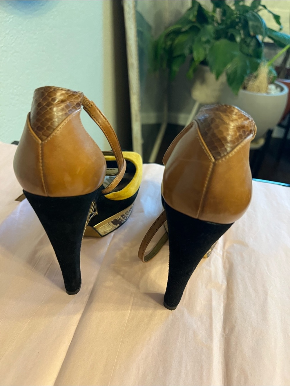 Sam Edelman Yellow Suede, Black Suede & Brown Leather Platform Heels - Picture 4 of 7